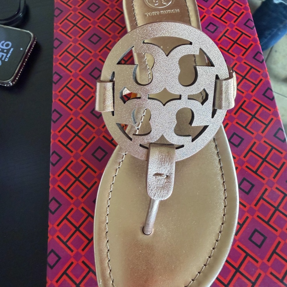 Tory Burch Rose Gold Logo Sandals - Picture 4 of 4